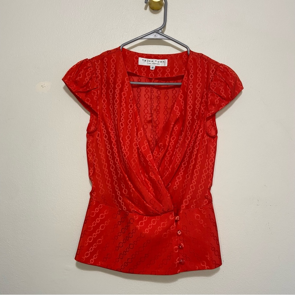 Trina Turk Silk Orange Jacquard Cap Sleeve Button Front Peplum Blouse Top